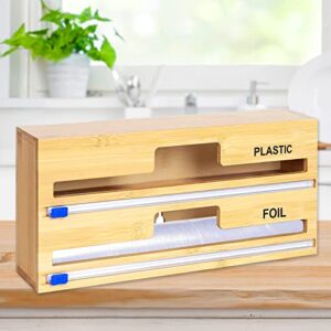 Foil and Plastic Wrap Organizer for Kitchen Organization, 2 in 1/3 in 1 Plastic Wrap Dispenser with Cutter, Ziplock Bag Organizer and Storage Bamboo Box for Plastic Wrap Aluminum Foil and Wax Paper