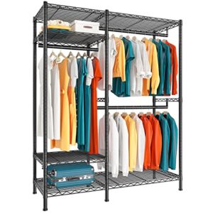Raybee 77″ Clothes Rack, Heavy Duty Clothing Rack Loads 650LBS, Metal Clothing Racks for Hanging Clothes, Commercial Garment Rack Heavy Duty Sturdy Clothes Rack with Shelves,77″H x45.5″W x16.5″D,Black
