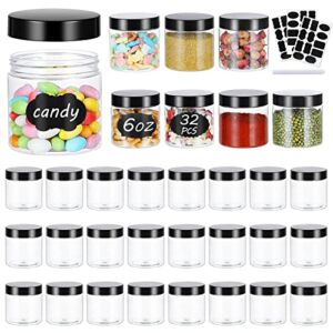 32PCS 6OZ Plastic Jars with Screw On Lids, Labels & A Pen, Round Wide Mouth Clear Storage Containers for Beauty Products, DIY Slime, Crafts Making, Spices, Cereal or Dry Food Storage (Black cover)