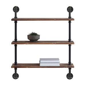 Phaxth Industrial Pipe Shelving, 3 Tiered Wall Mounted Pipe Wood Shelves, 27″ W