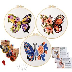 Anidaroel 3 Sets Butterfly Flower Pattern Embroidery Starter Kit for Beginners, Stamped Cross Stitch Kits for Beginners Adults Include Embroidery Fabric Embroidery Hoop Threads and Needles