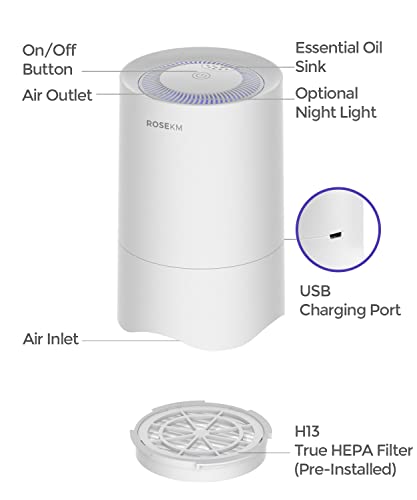 Rosekm Small Air Purifier for Home Bedroom, Personal Desk Mini Air Purifier, Room Hepa Air Purifier Fresheners Cleaner for Pets, Smoke, Desktop, Office (White) | The Storepaperoomates Retail Market - Fast Affordable Shopping