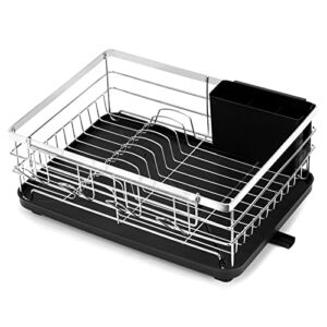 Fogein Dish Drying Rack, Stainless Steel Dish Drainer with Utensil Holder Removable Drainer Tray for Kitchen Countertop, Silver