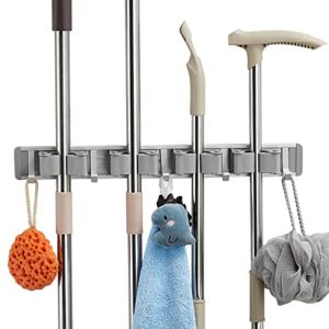 Mop Broom Holder Wall Mount Metal Pantry Organization and Storage Garden Kitchen Tool Organizer Wall Hanger for Home Goods (4 Positions with 5 Hooks)(1PCS, Grey)