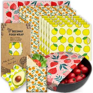 Reusable Beeswax Wrap – 9 Pack Eco-Friendly Beeswax Wraps For Food, Organic, Sustainable, Biodegradable, Zero Waste, Plastic-Free Food Storage, 1L Strawberry, 3M Orange, 5S Lemon Patterns