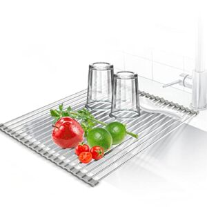 KIBEE Dish Drying Rack Stainless Steel Roll Up Over The Sink Drainer Gadget Tool for Many Kitchen Task,Gray (20.75 x 15.35 in)
