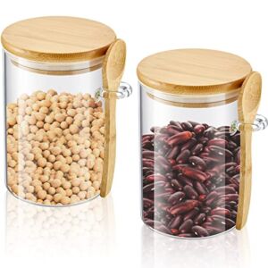 Set of 2 Airtight Glass Jars with Bamboo Lids and Spoons Glass Canisters Glass Jars Lid Sealed Sugar Container Glass Coffee Containers Food Jars Canisters for Kitchen Spice Beans (17oz)