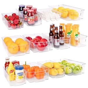 Refrigerator Organizer Bins – Clear Plastic, Stackable, Narrow and Wide Bin Sizes, Egg Tray with Lid. Great Storage for Fridge, Cabinets, Countertops and Pantry. (Set of 12)