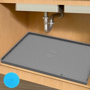Mats Under Sink Kitchen Cabinet Mat, 34″ x 22″ flexible waterproof Silicone Cabinet Protector & Drip Tray Liner Unique Drain Hole Design. Hold up to 3.3 Gallons of Liquid(Grey)