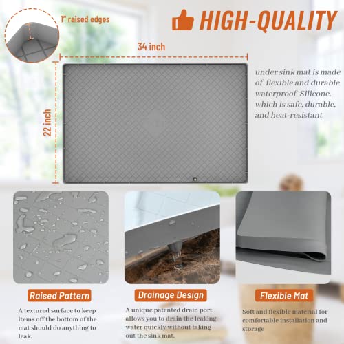Mats Under Sink Kitchen Cabinet Mat, 34″ x 22″ flexible waterproof Silicone Cabinet Protector & Drip Tray Liner Unique Drain Hole Design. Hold up to 3.3 Gallons of Liquid(Grey) | The Storepaperoomates Retail Market - Fast Affordable Shopping
