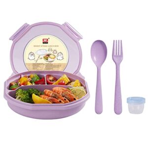 Bento Box, Lunch Box, Bento Box for Kids, Lunch Containers for Adults, All in One Lunch Containers, Kids Lunch Box, Baby Food Containers with 3 Compartments, Spoon, Fork and Mini Sauce Box (Purple)