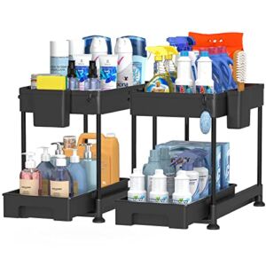 SPACELEAD Under Sink Organizers and Storage for Bathroom 2 Tier Sliding Cabinet Basket Organizer Drawers, Kitchen Under Bathroom Sink Storage Organizer with Hooks The Bottom Can Be Pulled Out Black