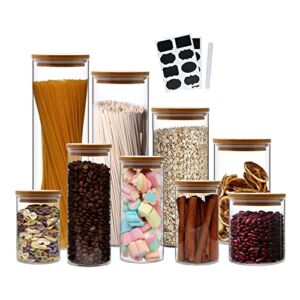 Transparent Glass Storage Containers with Bamboo Lids, Set of 9 Glass Canister Sets with Airtight Wood Lids for Kitchen Bathroom & Pantry Organization Ideal for Small items like Tea, Coffee,Sugar & More