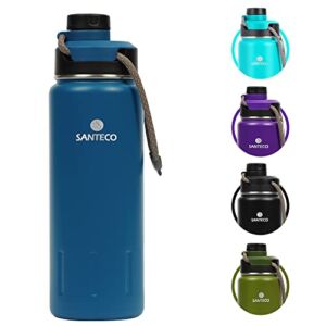 Insulated Water Bottles 24 oz, Santeco Stainless Steel Thermos with Lanyard & Wide Mouth Spout Lid, Leak Proof, Double Wall Vacuum Water Bottle, Keep Drinks Hot & Cold for Hiking Camping – Blue