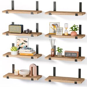 YGEOMER Floating Shelves, Set of 8, Rustic Wall Shelves, Wood Floating Shelf for Bedroom, Living Room, Book and Bathroom（Carbonized Black）