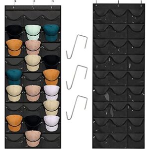 27 Pockets Hat Rack For Baseball Caps, Baseball Hat Organizer for Wall/Over the Door, Caps Hat Holder Hanger For Closet With Large Clear Pockets & 3 Hooks, Hat Storage to Protect and Display (Black)