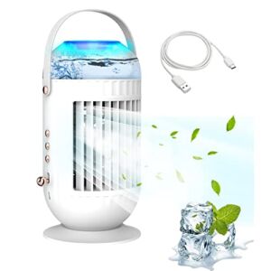 JIEKOYG Portable Air Conditioner Fan, 3 in 1 Personal Cooler and Humidifier, Evaporative Cooler, 400ML Water Tank, Wind Speeds, 2 Misting Modes LED Atmosphere Lamp for Small Room Office Bedroom