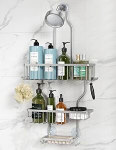 YASONIC Shower Caddy Over Shower Head Never Rust Aluminum Large Hanging Shower Caddy with 10 Hooks for Razor/Sponge – Over The Shower Head Caddy with Soap Basket – Hanging Shower Organizer Silver