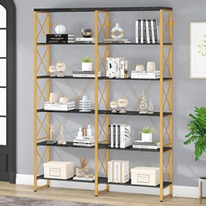 HOMYSHOPY Double Wide 6-Tier Bookshelf 80.7” H, Industrial Display Shelves with Metal Frame, Large Bookcase for Living Room, Study and Library (Gold & Black)