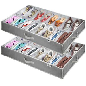 Under Bed Shoe Storage Organizer – Set of 2 – TEAR-RESISTANT Heavy Duty 600D Material – Shoe Organizer Under Bed – Fits Men’s and Women’s Shoes, High Heels, and Sneakers – Up to 32 Pairs – Extra-Strong Zipper – Grey – Perfect for College Dorms