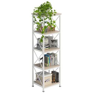 4NM Adjustable Corner Bookshelf 5 Tiers Storage Shelves Kitchen Standing Racks Vintage Bookcase for Study Organizer Home Office Pantry Closet Kitchen Laundry 16.9x13x50.6 inches (Natural and White)