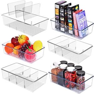 Set Of 6 Snack Organizer for Pantry – Food Organization and Storage Clear Bins w Removable 3 Dividers, Acrylic Fridge/Refrigerator Organizers, for Kitchen, Cabinets, Snacks, Packets, Sauce, Pouches
