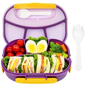 PARACITY Bento Box for Adults/ Kids, Leak-Proof Bento Lunch Box 61OZ, Large Capacity Lunch Container with 4 Compartments& Utensiles, Leak-Proof, Microwave/ Dishwasher/ Freezer Safe, BPA-Free(Purple)