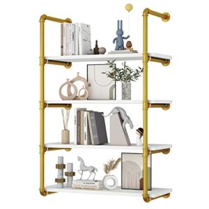 AZERPIAN Floating Shelves Wall Mounted Industrial Pipe Unit Metal Hung Bracket Bookshelf for Bedroom Living Room Bathroom Kitchen ,Gold 4 Tier