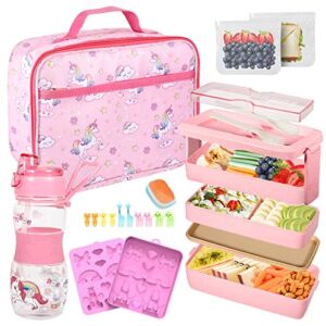 Kids Girls Bento Lunch Box with Containers & Accessories, Unicorn Lunch Bag with Thermos & Water Bottle for School, Japanese Snack Lunchboxes for Childrens Toddler to School(Colorful)