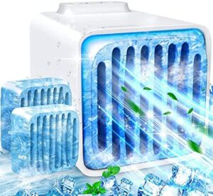 Serdary Portable Air Conditioners Cooling Fan, Evaporative Tabletop Cooler with 2 Ice Cube Trays, USB Rechargeable Personal Desktop Humidifier Fan for Room, Office, Desk, Nightst, Camping, White