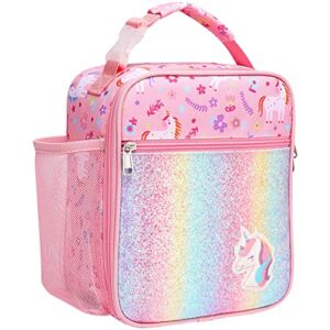 Bagseri Lunch Box, Kids Insulated Lunch Box Bag for Girls, Portable Reusable Toddler Lunch Cooler Bag for School, Water-resistant Lining（Glitter Unicorn，Pink）