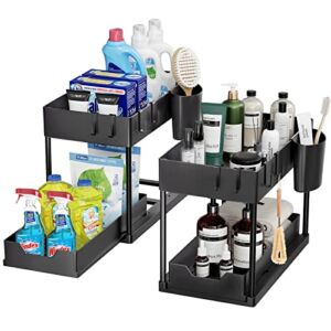 2 Pack Puricon Under Sink Organizers and Storage Pull Out Sliding Drawer, 2 Tier Multi-purpose Kitchen Under the Sink Organizer Under Bathroom Sink Shelf Storage Rack for Countertop Laundry -Black