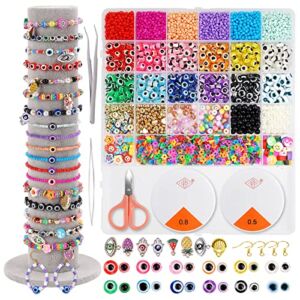 3380pcs Evil Eye Beads for Jewelry Making Evil Eye Bracelets Kit with Clay Beads 3mm Seed Beads Pearl Flat Flower Beads & Evil Eye Charms for Craft DIY Bracelet Necklace Anklets Earring Making