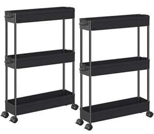 SPACEKEEPER Slim Storage Cart, 3 Tier Bathroom Storage Organizer Rolling Utility Cart Mobile Shelving Unit Slide Out Storage Tower Rack for Kitchen Laundry Narrow Places, Black, 2 Pack