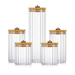 Glass Storage Jars Set of 5, Decorative Coffee Bar Container with Airtight Bamboo Lid Metal Ring for Home Kitchen Storing Candy, Cookie, Pasta, Nuts, Oatmeal and Bathroom Salt
