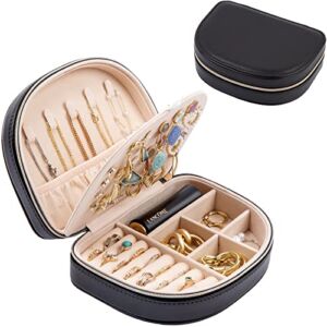 ProCase Travel Size Jewelry Box, Small Portable Seashell-Shaped Jewelry Case, 2 Layer Mini Jewelry Organizer in PU Leather, Earring Necklace Bracelet Ring Holder Box for Women Girl -Black