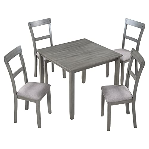 5-Piece Kitchen Dining Table Set with Rectangular Table and 4 Chairs, Solid Wood Kitchen Dining Room Set for 4-6 Persons,Dining Set for Family (Grey) | The Storepaperoomates Retail Market - Fast Affordable Shopping