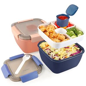 Caperci Salad Container for Lunch To Go – 2-Pack 52 oz Salad Bowls Bento Lunch Box Container with 4-Compartment Tray, 2-oz Sauce Container, Reusable Spork & BPA-Free (Pink & Navy)