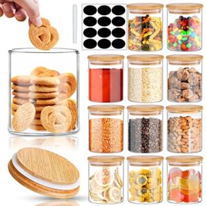 SLifeJars – Glass Jars with Bamboo Lids 16 oz, 12pcs Glass Food Storage Jars with Rewritable Labels, Bamboo Lid Jars for Kitchen Storage, Glass Food Storage Containers with Bamboo Lids for Herbs