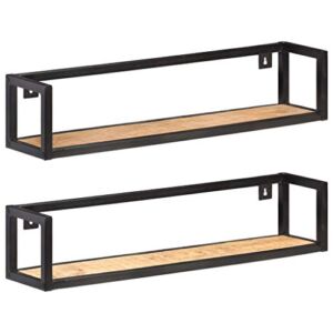 Floating Shelves Set of 2, 31.5 Inch Wall Mounted Storage Shelves, Solid Wood Wall Shelves with Metal Bracket, Sturable and Durable Hanging Shelves Display Rack for Bedroom Living Room Brown