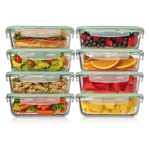 Fusion Gourmet Glass Food Storage Containers with Lids Set of 8 Same Size [4.4 cup 35 oz ea.] Airtight, Leak proof, Oven, Microwave & Freezer Safe, Reusable Meal Prep Set, Stain & Odor Resistant