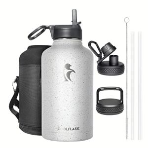 Half Gallon Water Bottle Insulated with Straw&3 Lids, Coolflask 64 oz Water Jug Galaxy Large Metal Stainless Steel flask for Gym, Sports and Office, Keep Cold 48H Hot 24H, Arctic White