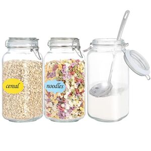 3 Pack 78oz Airtight Food Storage Glass Jars with Clamp Lids Big Spoon, Large Square Glass Mason Jars Storage Container for Food, Flour, Cereal, Pasta, Oats, Coffee, Candy, Snacks, Cookies