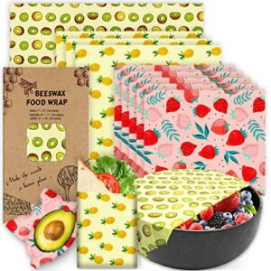 Reusable Beeswax Wrap – 9 Pack, Beeswax Wraps for Food, Eco-Friendly Beeswax Food Wrap, Organic, Sustainable, Biodegradable, Zero Waste, Plastic-Free Food Storage, 1L Kiwi, 3M Pineapple, 5S Strawberry