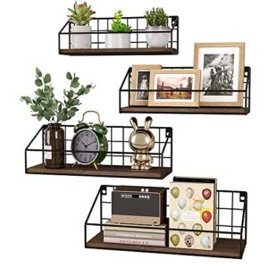 YGEOMER 4 Set Floating Shelves, Wall Hanging Shelves with Wire Baskets for Bathroom, Kitchen, Living Room, Bedroom (Carbon Black)