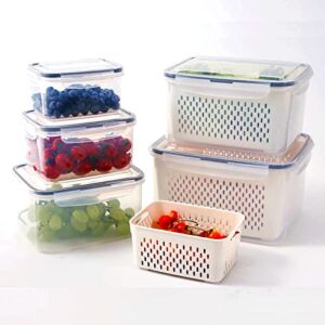 5 PCS Large Fruit Containers for Fridge – Leakproof Food Storage Containers with Removable Colander – Dishwasher & microwave safe Produce Containers Keep Fruits, Vegetables, Berry, Meat Fresh longer