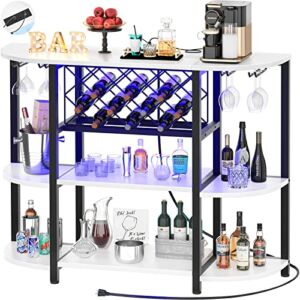 Unikito Bar Table Cabinet with Charging Station,Wine Rack Table with LED light, Wine Bar Cabinet with Storage, Freestanding Floor Bar Cabinet for Liquor and Glasses for Home Kitchen Dining Room, White
