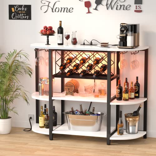 Unikito Bar Table Cabinet with Charging Station,Wine Rack Table with LED light, Wine Bar Cabinet with Storage, Freestanding Floor Bar Cabinet for Liquor and Glasses for Home Kitchen Dining Room, White | The Storepaperoomates Retail Market - Fast Affordable Shopping