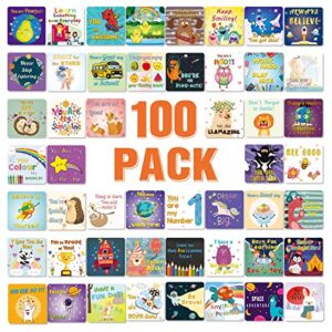 Shemira 100 Pack Lunch Box Notes for Kids, Inspirational Affirmation Cards for Kindergarten Girls Boys,Motivational Cards for Kids, Back to School Supplies,50 Styles,3.5 x 3.5 inches,Blank Back
