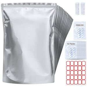 15 Pack 5 Gallon Mylar Bags with Oxygen Absorbers – 10.5 Mil Mylar Bags for Food Storage with 15 Single Sealed 2000cc Oxygen Absorbers & Labels & Clips – for Long Term Food Storage